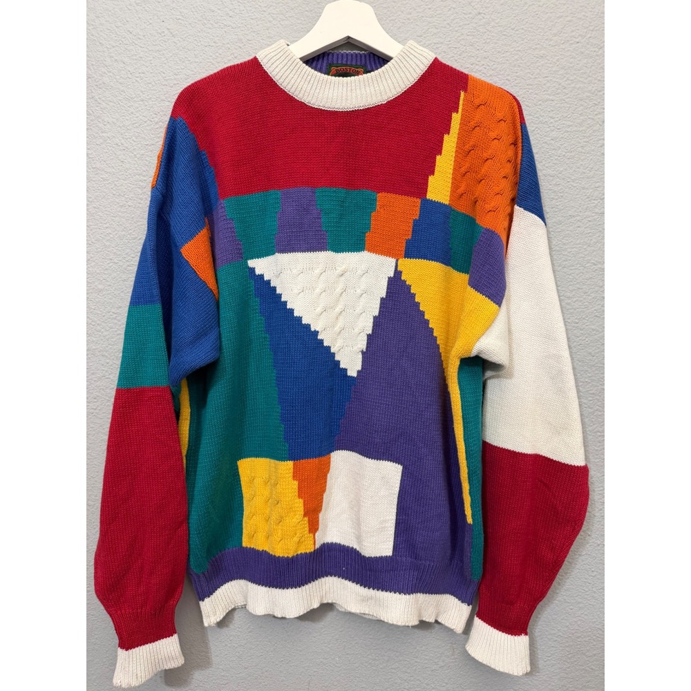 Boston Traders Vintage 80s Geometric Colorblock Cotton Knit Sweater Mens XL